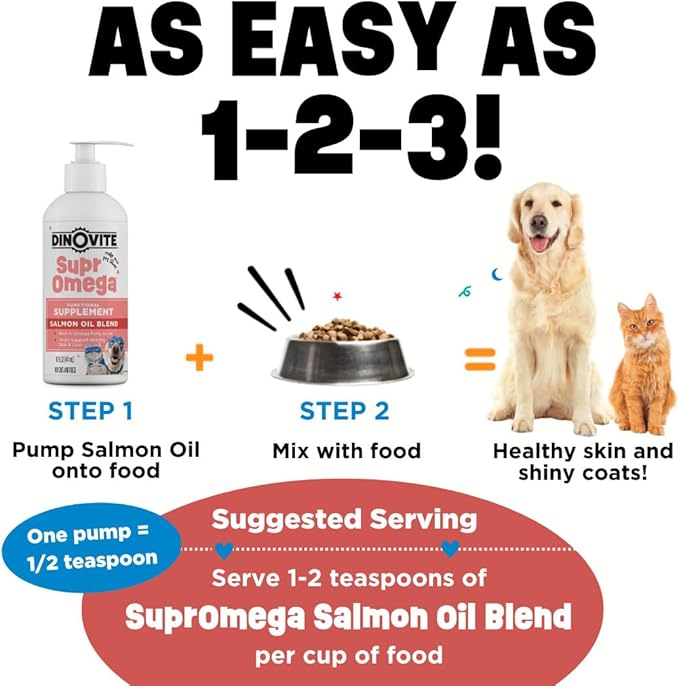 Dinovite SuprOmega Wild Caught Salmon Oil for Dogs & Cats - GMO Free Omega 3 Skin & Coat Supplement - Skin & Coat Meal Topper for Dogs & Cats - 16 oz