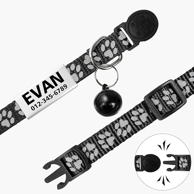 TagME 2 Pack Cat Collar with Name Tag, Personalized Reflective Cat Collar Breakaway with Bell for Boy & Girl Kitten, Black