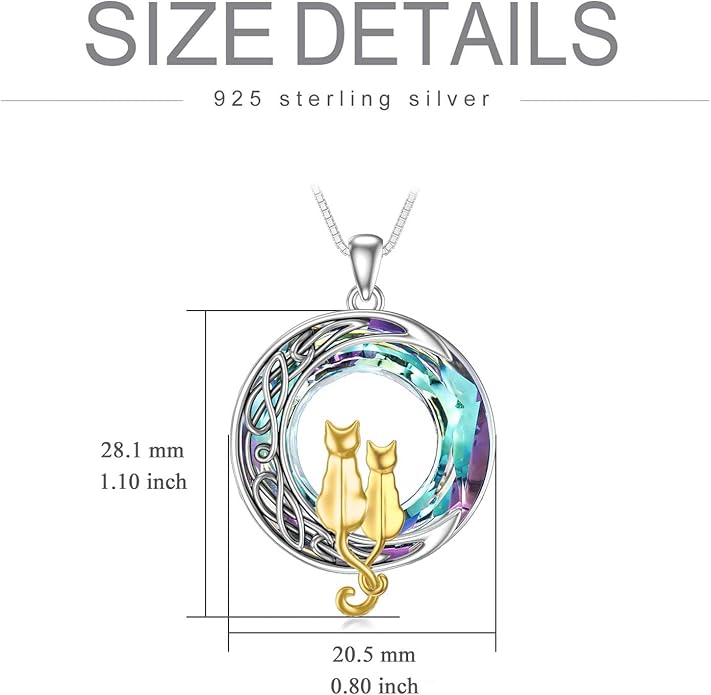 TOUPOP Cat Gifts for Cat Lovers One Two Three Four Cats Necklace Sterling Silver Cats on the Moon Pendant Necklace with Blue Circle Crystal Birthday Christmas Celtic Jewelry Gifts for Women