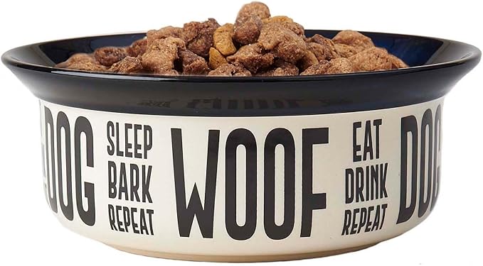 PetRageous 17001 Eat Drink Repeat Two-Tone Stoneware Dishwasher Safe Dog Bowl 4-Cup 8.18-Inch Diameter 3-Inch Tall for Medium and Large Dogs and Cats, Off-White, (Pack of 1)