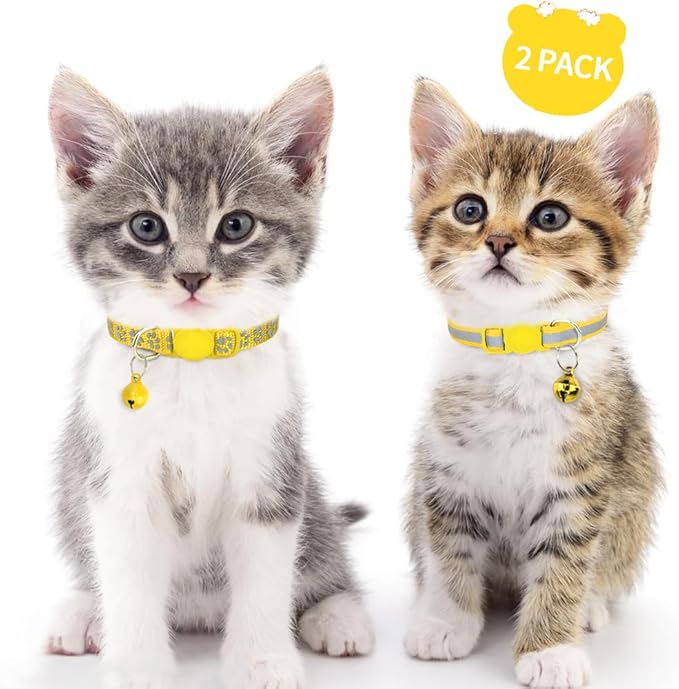 Taglory Kitten Collar Breakaway with Bell, Reflective Soft Cat Collar for Small Kittens, Adjustable 6-8 Inch High Visibility Night Strip, Lightweight for 2-6 Months Baby Cats, 2 Pack, Yellow