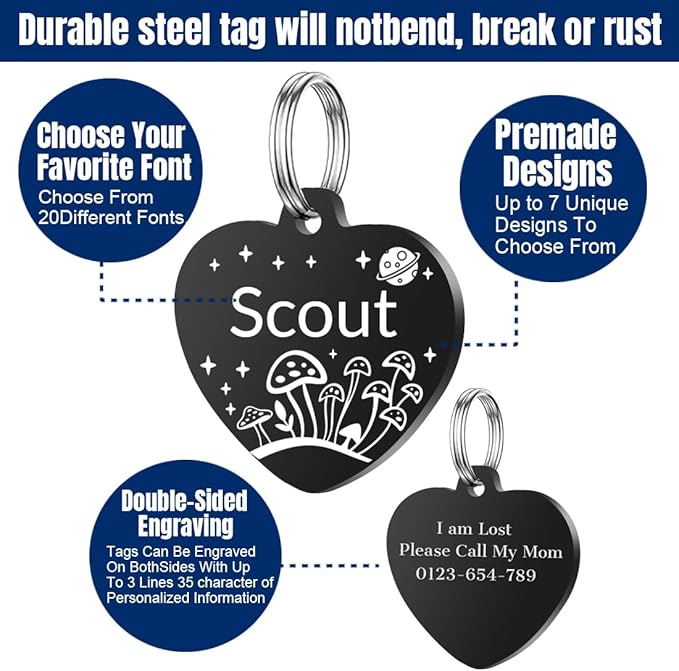 Personalized Dog Tags, Stainless Steel Pet Tags Personalized Cat, Collar Charm Engraved on Both Sides, up to 4 Lines of Custom Text, Multiple Patterns Colors Size Options (Mushroom, XSmall)
