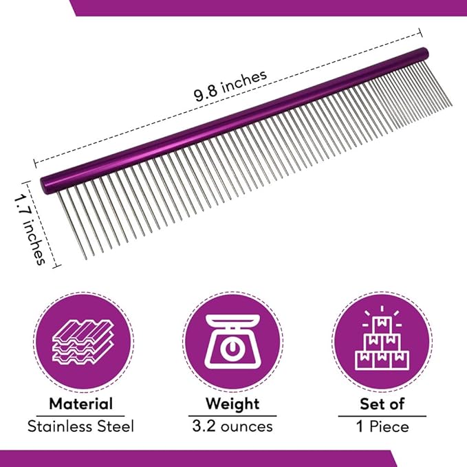 Pet Comb 10 inches Comfortable Grooming Cat Comb with Different-Spaced Rounded Stainless Steel Teeth, Easy Grip and Convenient Grooming Metal Dog Comb for Pets Dog with Medium Coarse Fur - Purple