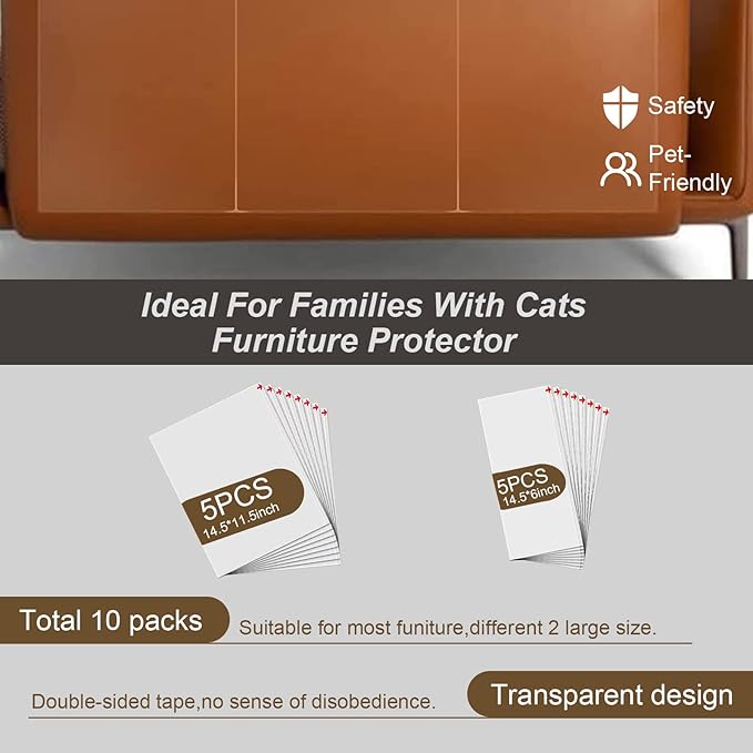 Anti Cat Scratch Furniture Protector, 10 Pack, Cat Scratch Deterrent Tape, Couch Protector for Cats, Furniture Protectors from Cats, Double Sided Sofa Anti Scratching Sticky Tape, cat Training Tape