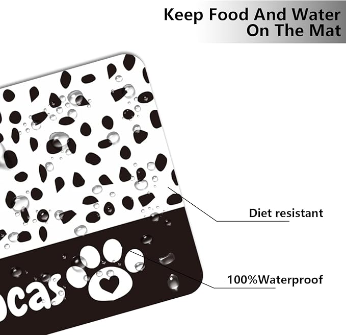 Personalized Dog Cat Food Mat PU Non-Slip at The Bottom Dog Bowl Mat Dog Mat for Food and Water Custom Pet Dog Food Mats for Floors Waterproof (Black paw Prints)
