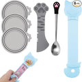 6 PCS Cat Food Can Covers Set, Reusable Silicone Can Lids with Opener, Stainless Steel Wet Food Spoon & Cat Treat Squeezer for Pet Feeding and Storage, Fits Cats & Dogs (Blue)