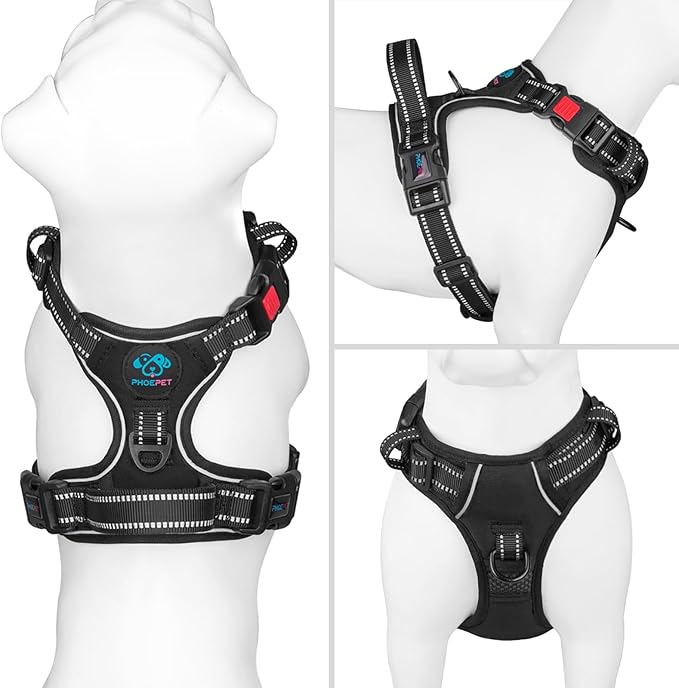PHOEPET No Pull Dog Harnesses for Small Dogs Reflective Adjustable Front Clip Vest with Handle 2 Metal Rings 3 Buckles [Easy to Put on & Take Off] (S, Black)