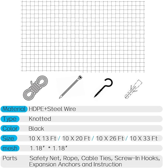 Cat Balcony Net, Steel Wire Reinforced, Anti-Fall Fence, Safety Net, Extra Strong (10 X 26 Ft)