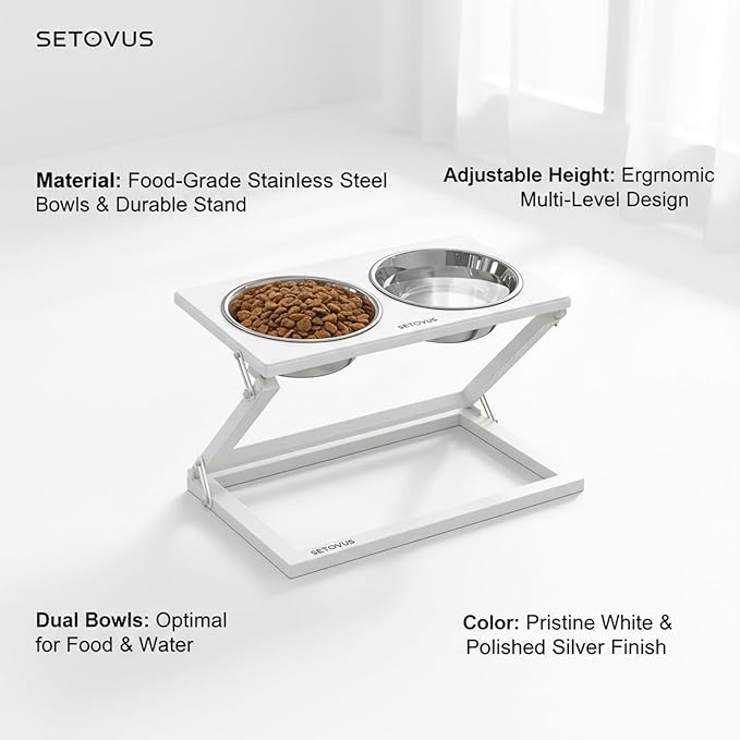 Elevated Dog Bowls, Adjustable Raised Dog Bowl Stand with 2 Stainless Steel Food Bowls 20°Tilted Water Bowls for Small Sized Dogs and Cats (White, Small)