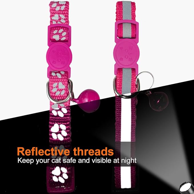 TagME 2 Pack Cat Collar with Name Tag, Personalized Reflective Cat Collar Breakaway with Bell for Boy & Girl Cats, Hot Pink