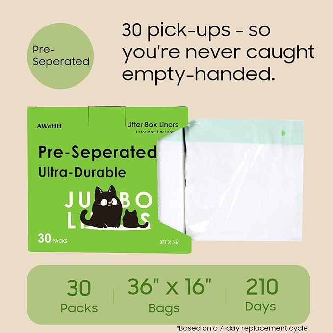 30 Pack Cat Litter Box Liners, Drawstring Large/Jumbo Cat Litter Liner Bags For Litter Box, Secure Fit With Rubber Band, Tear-free, Firm Easy Fit, Heavy Duty 36" x 16"