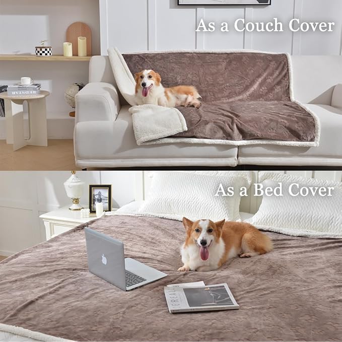 Qeils Waterproof Blanket for Bed Intimacy, Dog Blankets for Large Dogs, Waterproof Cat Blanket Washable, Soft Sherpa Fleece Puppy Blanket, Reversible Throw Protector for Couch Car, 50"X60", Taupe
