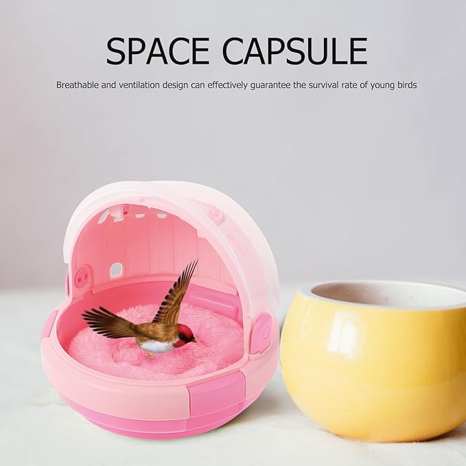 BESPORTBLE Portable Parrot Travel Cage Carrier with Warm Nest Pad, Lightweight Bird Carrier for Small Birds, Pink Space Capsule Design for Outdoor Use and Pet Sleeping Bed