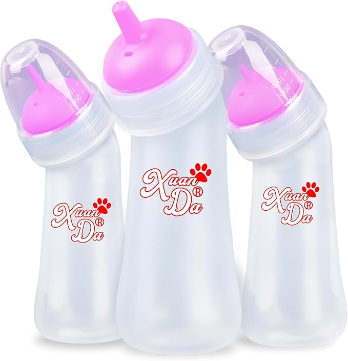 Pet Feeding Bottle,3 Pack Wide Mouth Angled Nursing Bottle, 3 Sizes Nipples with Ventilation Valve Resistant Tearing Perfect for Puppies, Kittens, Small Wildlife(Pink)