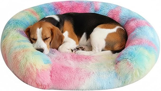 Fluffy Dog Bed Calming Donut Beds for Large Dogs Warming Round Small Medium Pet Nest Cozy Cat Mattress Indoor Washable Puppy Kennel Kittens Sleep Mat (M, 27.5×27.5 inch, Rainbow)