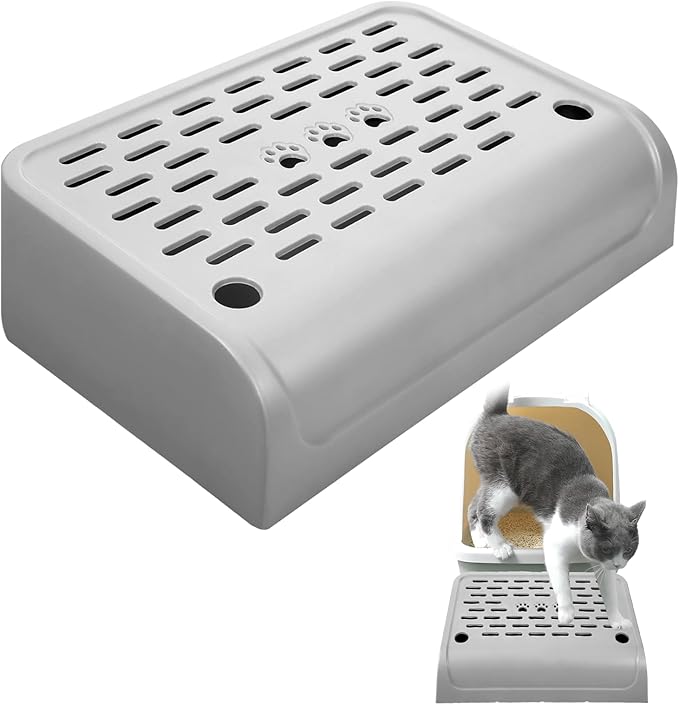 Cat Ramp for Litter Box Step, Plastic Automatic Litter Box Ramp Cat Steps Mat with Filter Function, Double Layered Self Cleaning Cats Stairs with Storage Space for Catcher (Grey)