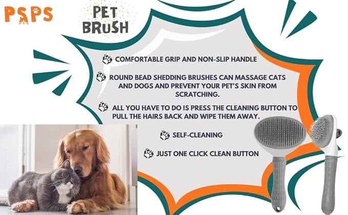 PSPS Pet Deshedding Brush, Self-Cleaning Slicker Brush for Dogs and Cats, Grooming Tool