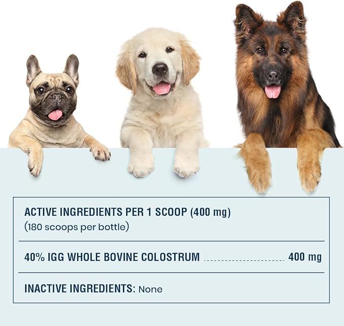40% IgG Grass Fed Colostrum for Dogs, Third Party Tested High Potency Colostrum Powder, Immune Support, Prebiotic Gut Health, Seasonal Allergy and Itch Relief, Made in USA, 2.5 Oz