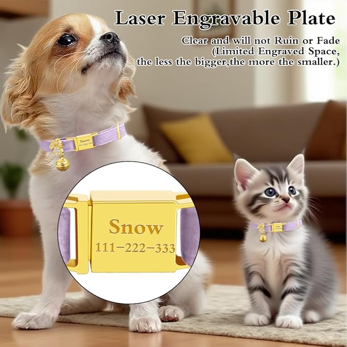 Personalized Breakaway Cat Collars - Magnetic Buckle, Bell - Safety Quick Release, Customized for Girls & Boys Cats - Velvet -Navy
