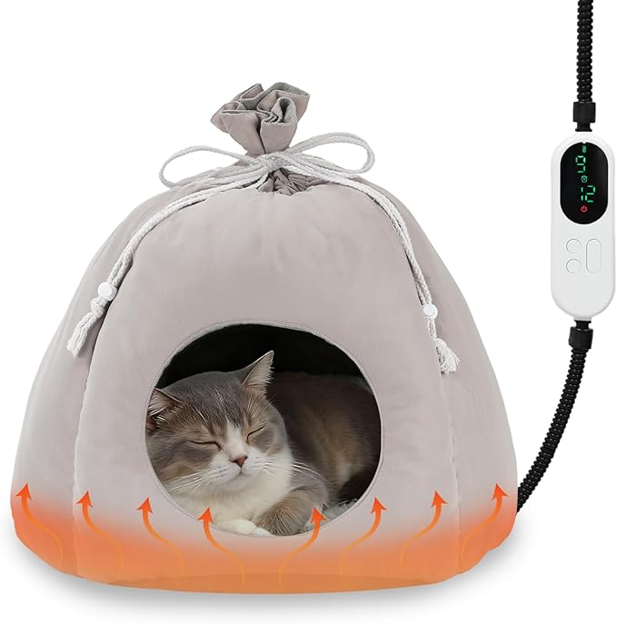 FHTONGE 2 in 1 Heated Cat Bed Cave with Timer Temp Adjustment, Thermal Enclosed Kitten Bed Hideaway Machine Washable, Self-Warming Cozy Pet Nest Covered Beds for Indoor Kitten Old Cat Puppy Small Dog