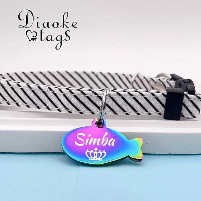 Stainless Steel Cat ID Tag Personalized Pet Tags with up to 4 Lines of Custom Text, Small Pet Mini Dog Cat Tag Lightweight, Engraved on Both Sides, Multiple Patterns Colors Size Options (Fish Icon)