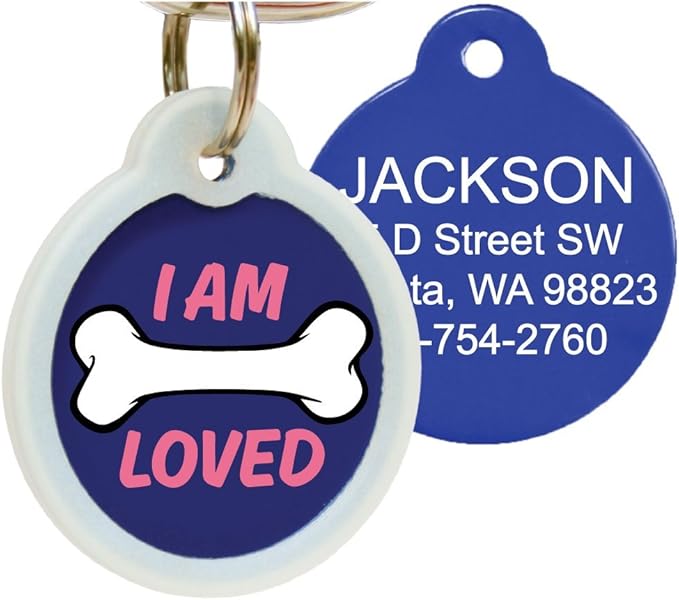 GoTags Unique Pet Tags, Personalized with 4 Lines of Custom Engraved ID, Silent Dog Tags with Glow in The Dark Silencer to Quiet Tag, Several Cute Tag Designs for Cat or Dog, (I Am Loved)