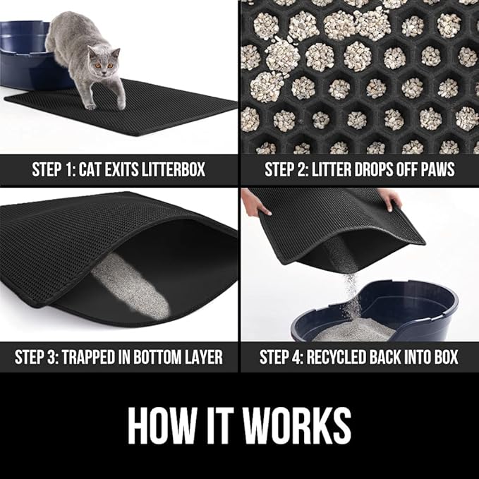 GORILLA GRIP Honeycomb Cat Litter Box Mat, Two Layer Trapping Waste Mats, Soft On Paws, Litter Box Supplies and Essentials for Indoor Cats, Traps Excess, Water Resistant for Floors, 30x24 Black