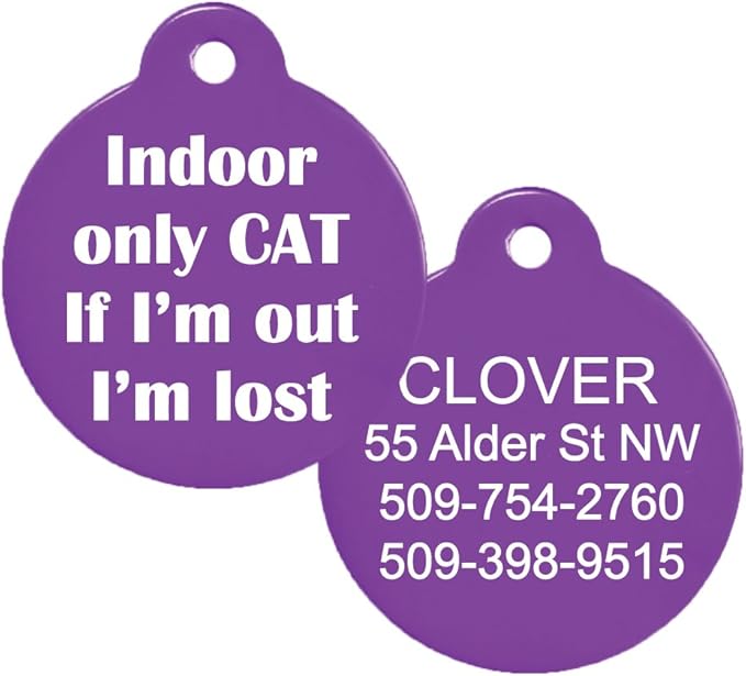 GoTags Funny Dog and Cat Tags Personalized with 4 Lines of Custom Engraved Text, Dog and Cat Collar ID Tags Come with Glow in The Dark Silencer to Protect Tag and Engraving, (Indoor Cat Only)