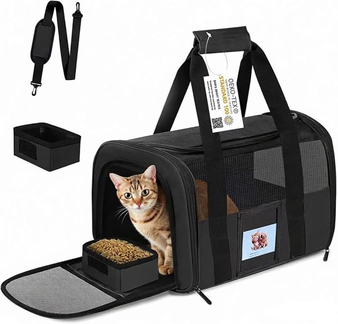 Cat Carrier, Dog Carrier, Pet Carriers Airline Approved for Kitten Small Dogs Carriers for Small Medium Under 15lbs, Collapsible Soft Sided Cat Carrier, Black