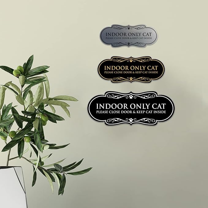 Designer Paws, INDOOR ONLY CAT Please Close Door & Keep Cat Inside (Navy Blue/Gold) - Medium