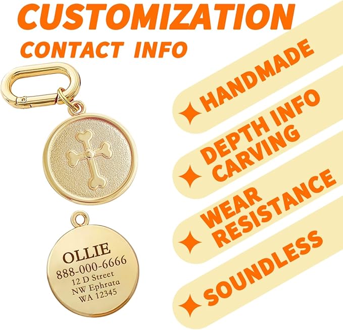 Dogs ID Tags Personalized Double Sided Deep Engraved Cat & Dog Collar Charm Round Shape Frosting Process Silver/Gold Plated (Bone-Cross Gold)