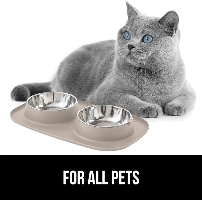 GORILLA GRIP Feeding Mat Set, 3 Cup, Patent Pending 100% Waterproof BPA Free Silicone, Stainless Steel Cat and Dog Bowls, Slip Resistant, High Edges Catch Water Food, US Designed Pet Accessories Beige