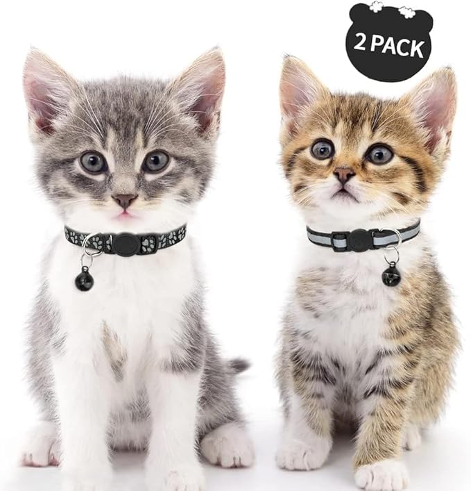 Taglory Kitten Collar Breakaway with Bell, Reflective Soft Cat Collar for Small Kittens, Adjustable 6-8 Inch High Visibility Night Strip, Lightweight for 2-6 Months Baby Cats, 2 Pack, Black