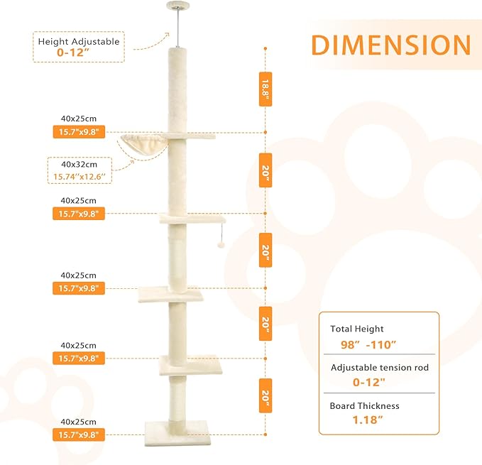 Floor to Ceiling Cat Tree,5 Tiers Tall Cat Tower with Adjustable Height(98-110),Cat Tree Floor to Ceiling with Cozy Hammock,Sisal Scratching Posts,Platforms,and Hanging Balls for Large Cats