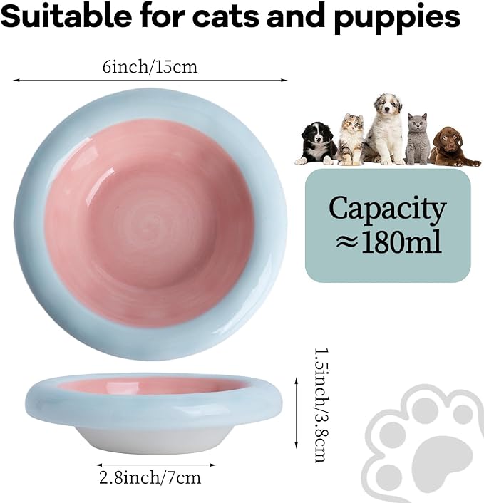 6-Inch Ceramic Cat Food Bowl,6 Oz Wide Shallow Cat Bowls,Whisker Fatigue Relief,Anti-Vomiting Design,Spine Protection for Cats,Dishwasher and Microwave Safe,Set of 1(Pink and Blue)