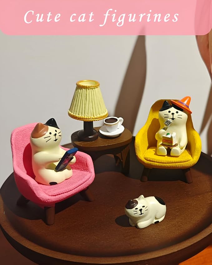 Miniature Cat Desk Set with Sofa & Lamp - 6-Piece Cute Cat Figurines for Office Decor, Shelf Decor, Home Decor, Resin Gift for Men, Cat Lovers (CAT)