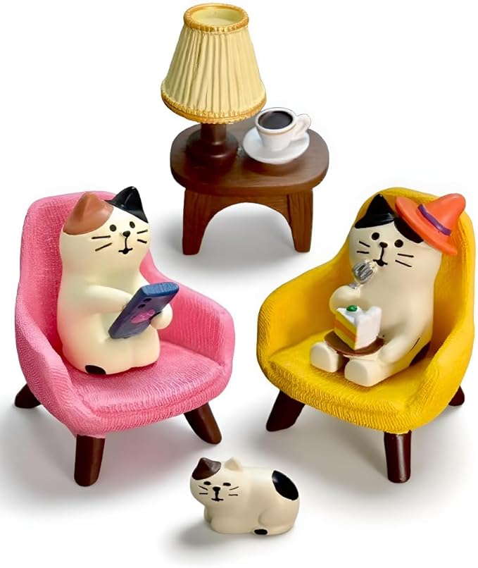 Miniature Cat Desk Set with Sofa & Lamp - 6-Piece Cute Cat Figurines for Office Decor, Shelf Decor, Home Decor, Resin Gift for Men, Cat Lovers (CAT)