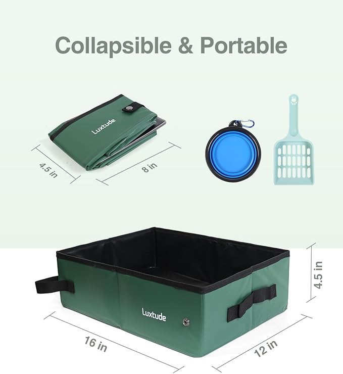 Luxtude Portable Litter Box for Cats, Collapsible Travel Litter Box for Cats in Car, No Smell, Waterproof and Easy Clean, No Leakage for Car, Hotel (Green, Medium)