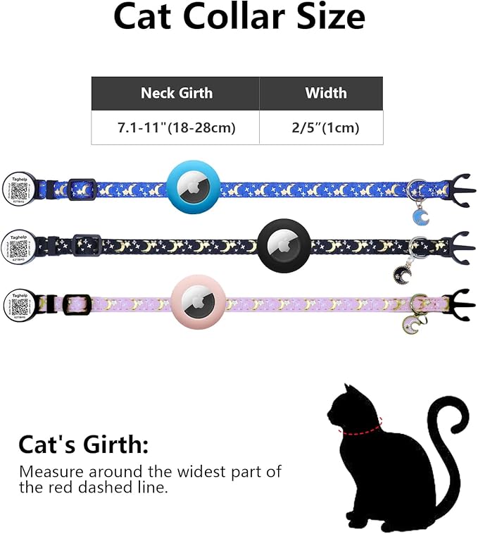 2PCS Breakaway Cat Collars with Bell Cute Star &Moon Safe Kitten Collars with Pendant Glow in The Dark,Airtag Holder Cat Collar with Smart ID tag & QR Code Reflective for GPS Boy Girl Cats (Blue)