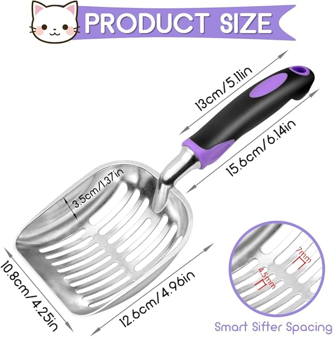 Cat Litter Scoop, Metal Cat Scooper, Rubber Handle Scoop, Sifting Shovel for Christmas – Heavy Duty Aluminum Alloy Litter Box Scoop with Deep Mesh, Design for Easy Waste Removal and Cleaning(Purple)