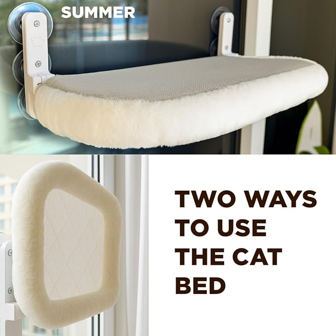 Cat Window Perch – Strong 6 Suction Cup Cat Hammock Bed That Holds up to 50 lbs with Washable Reversible Cover, Sturdy Metal Frame for Indoor, Window or Wall Mounted Perch (White)