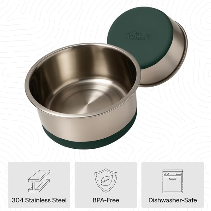 GORILLA GRIP Dog Bowls, Food Grade 304 Stainless Steel, Holds 4 Cups Each (32 fl oz) Food and Water Bowl for Feeding Dogs and Cats, Dishwasher Safe, Rust Resistant, BPA Free Rubber Base Set of 2 Green