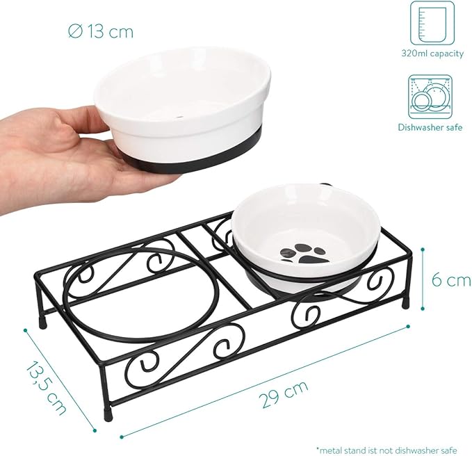 Navaris Ceramic Pet Bowl Set - Food Water Bowls for Cats, Small Dogs and Puppies with Non-Slip Retro Metal Stand - Set of Bowls, 10.8 oz Each