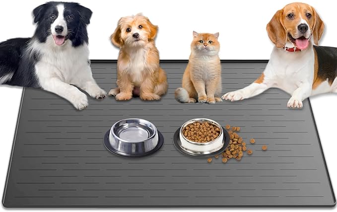 1.5MM Super Thick Dog Food Mat, 48"x32" Silicone Dog and Cat Mats for Food and Water Bowls, Waterproof Pet Feeding Mat for Contain Spills Protects Floors, Multiple Colors & Sizes for Pets, Dark Gray