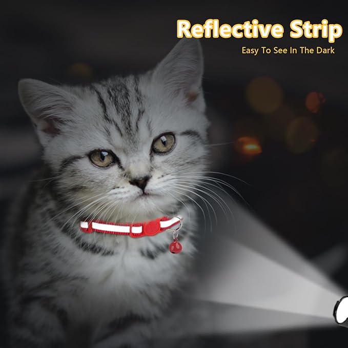 Taglory Kitten Collar Breakaway with Bell, Reflective Soft Cat Collar for Small Kittens, Adjustable 6-8 Inch High Visibility Night Strip, Lightweight for 2-6 Months Baby Cats, 2 Pack, Red