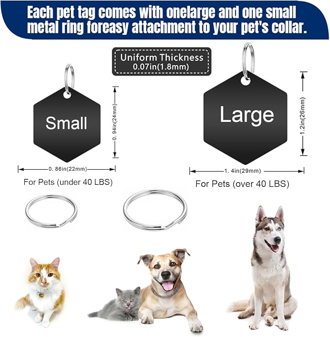 Personalized Dog Tags and Cat Tags, Stainless Steel Pet ID Tags, Collar Charm Engraved on Both Sides, up to 4 Lines of Custom Text, Various Patterns and Colors Options (Hexagon)
