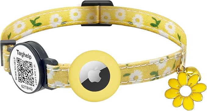 Smart QR Code Cat Collar with Online ID Profile & Integrated Airtag Holder, Breakaway Safety Collar with Bell, Adjustable 8-13in for Cats and Small Dogs(Yellow)