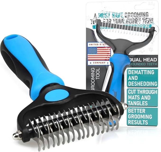 Dual Sided Undercoat Rake Dog & Cat Deshedding Tool, Blue