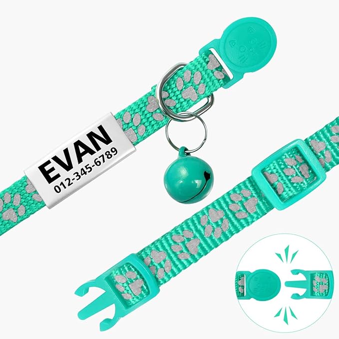 TagME 2 Pack Cat Collar with Name Tag, Personalized Reflective Cat Collar Breakaway with Bell for Boy & Girl Cats, Turquoise