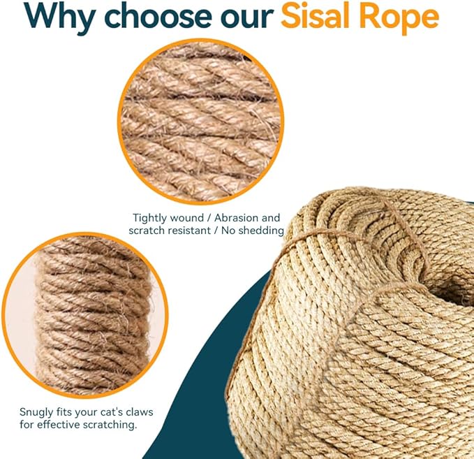 Natural Sisal Rope for Cat Scratcher Replacement, Durable Cat Tree Post Repair Cord for DIY Projects, Climbing Towers, Furniture Protection, Scratch Pad, Crafts, Garden, and Home Décor Use